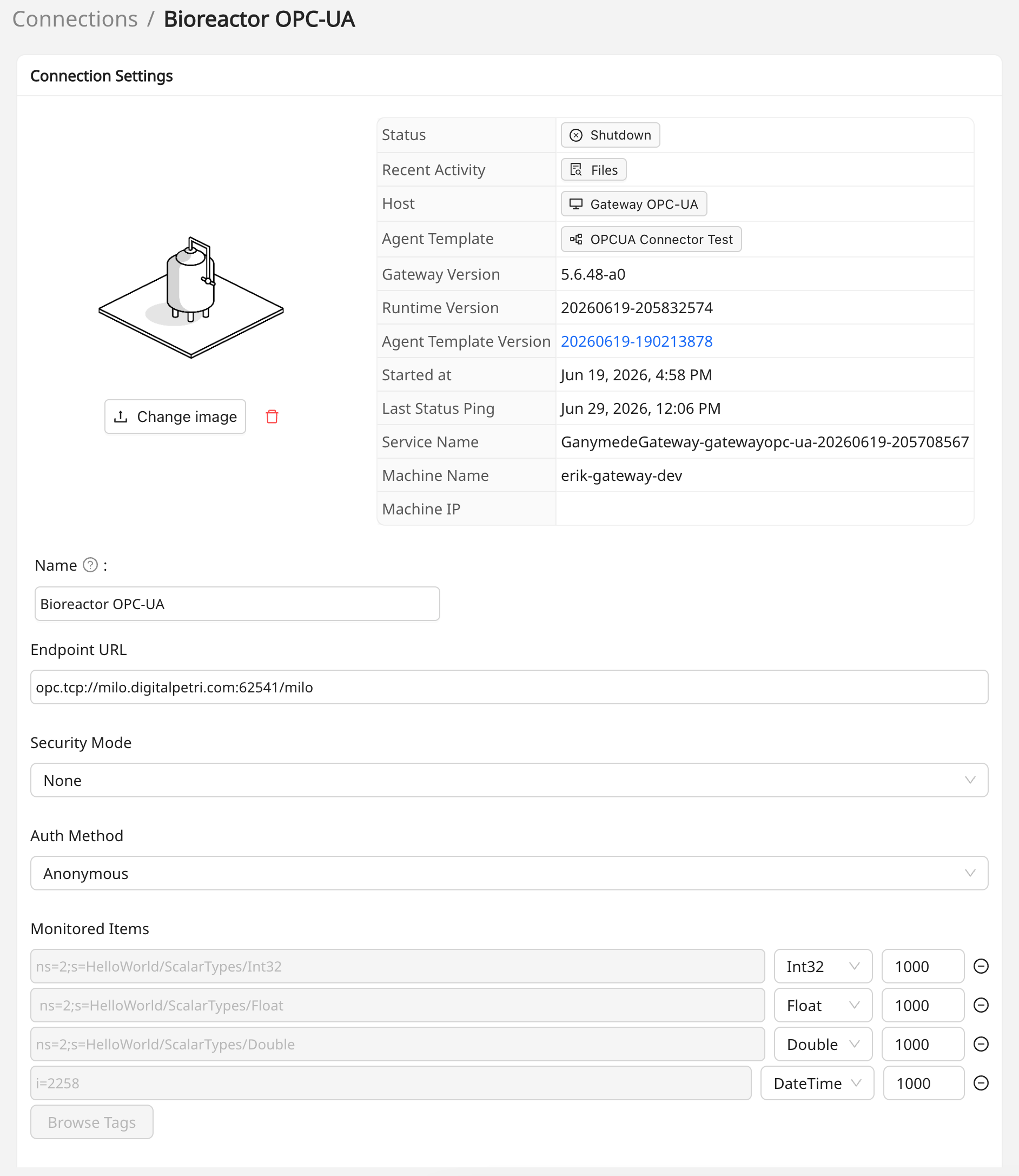OPC-UA connection settings page with monitored tags and tag browser
